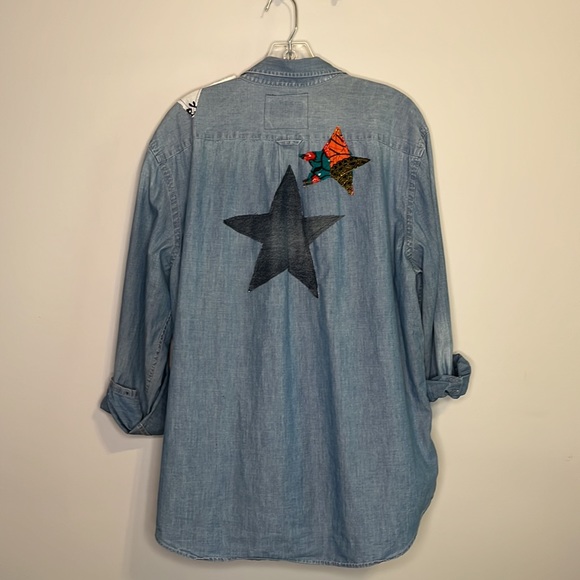 Custom Made Upcycled Demin Button Down Star Shirt - Picture 1 of 7